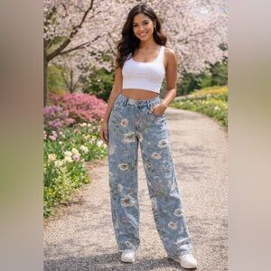 Wide Leg Floral Denim
